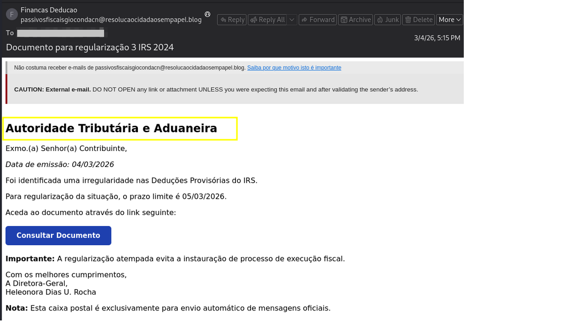 Exemplo de email de phishing que imita a Autoridade Tributária - documento para regularização IRS 2024