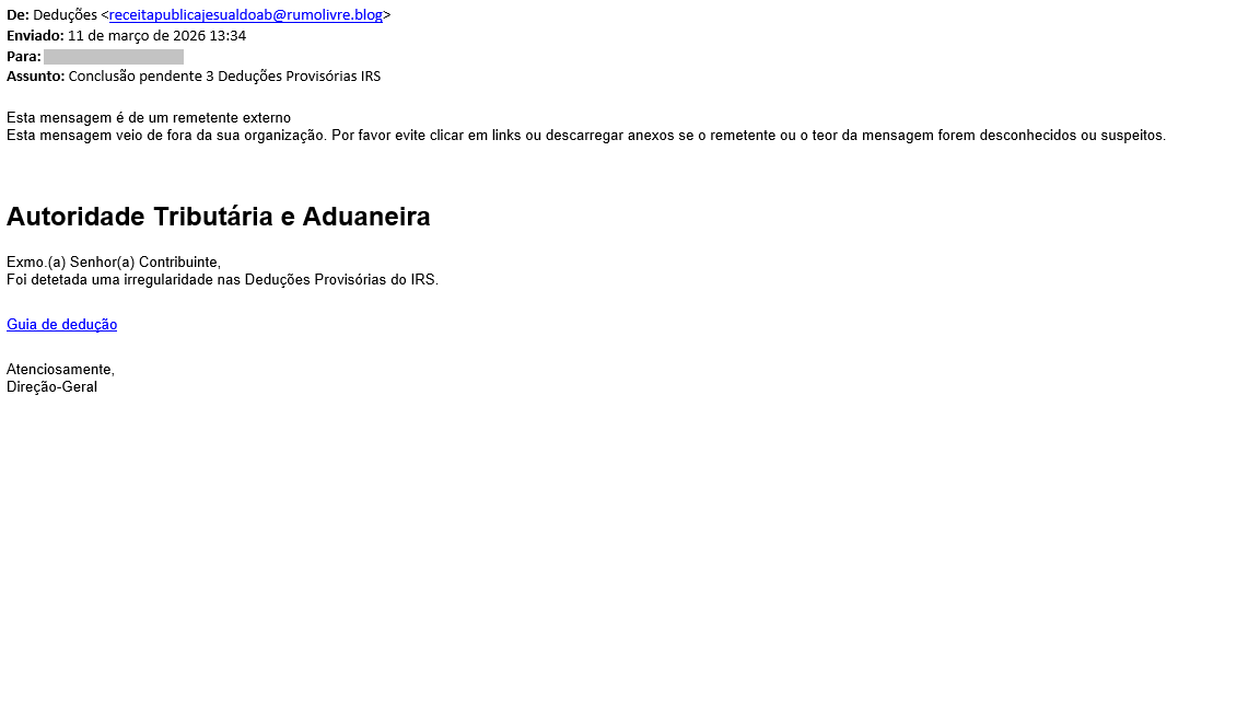 Exemplo de email phishing com assunto Conclusão pendente Deduções Provisórias IRS