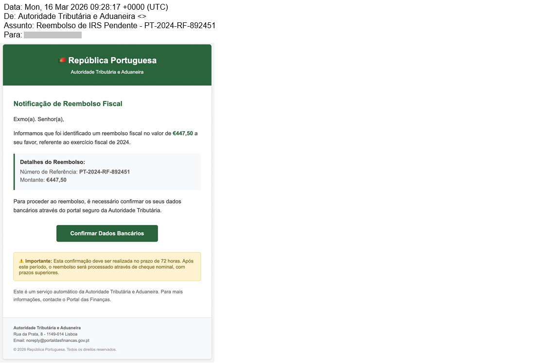 Email de phishing sofisticado imitando notificação de reembolso fiscal da AT